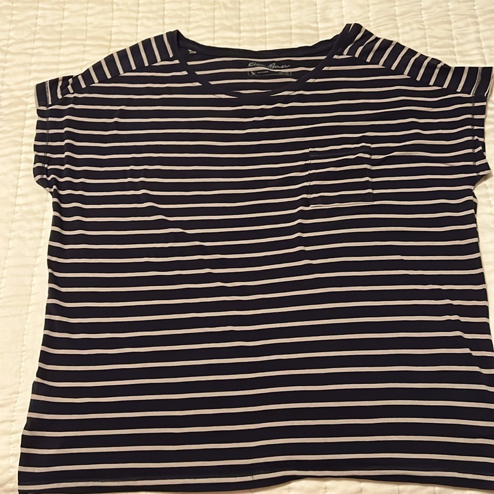 Eddie Bauer XL . Navy Blue with Tan stripes.